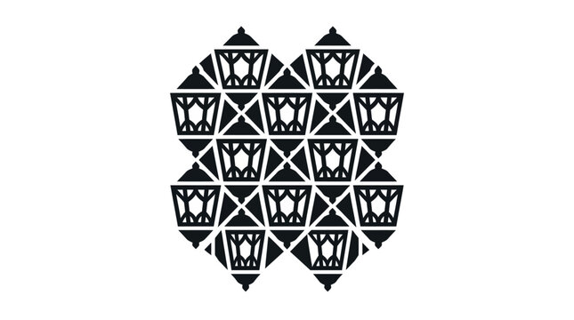 Intricate black and white geometric pattern composed of repeating lantern motifs arranged in a symmetrical, tessellating design.