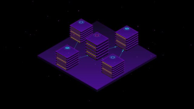3D isometric data servers connected by glowing network data lines