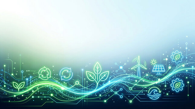Glowing digital icons representing sustainable energy solutions and renewable technology innovations on a smooth gradient background