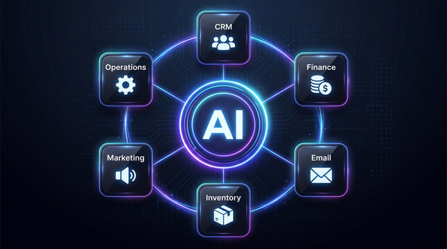 Integrated AI business management platform connecting finance crm marketing operations email and inventory modules