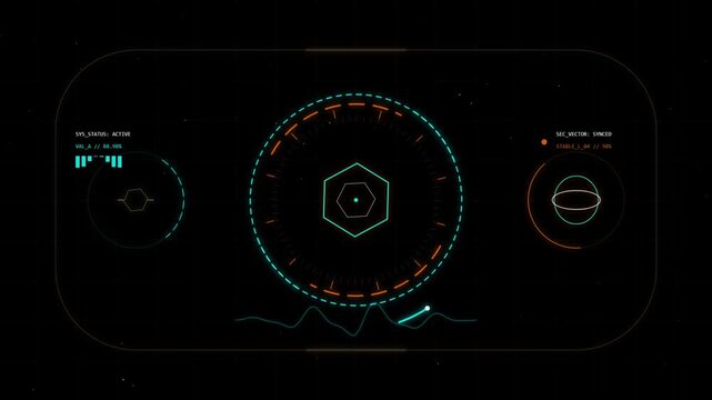 Futuristic digital headsup display interface with circular radar elements and data visualization on a dark background
