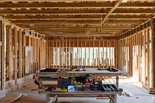 Interior of a house under construction with wooden stud framing, ceiling joists and a workbench holding tools
