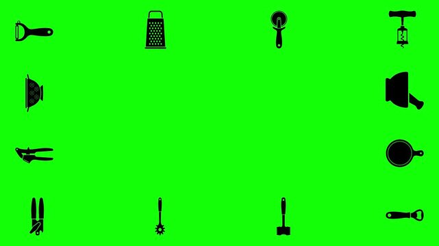 Seamless pattern of kitchen cooking utensils icons on a vibrant green background