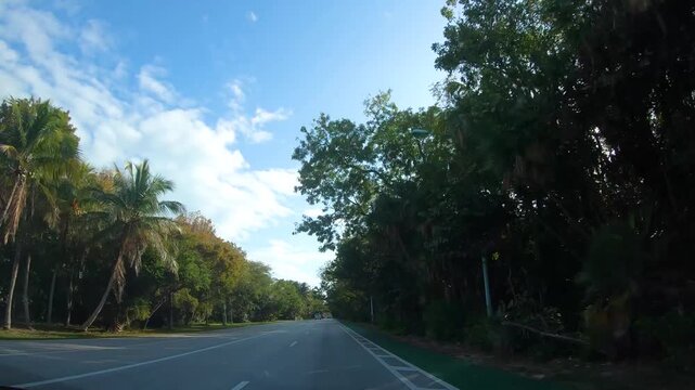 Driving through Key Biscayne at sunset along a road surrounded by palm trees and lush tropical vegetation, capturing the atmosphere of a scenic South Florida road trip.
