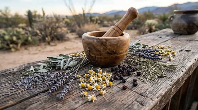 Wooden mortar and pestle with dry herbs and flowers on a rustic table in a natural garden setting. desert wellness herbs