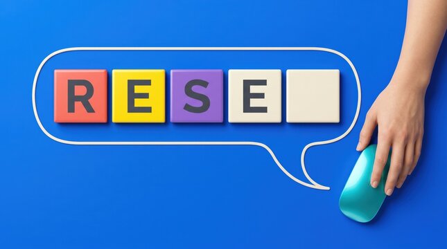Reset button concept featuring colorful 3d cubes forming word blocks within a white speech bubble outline on bright blue background as a human hand clicks a modern turquoise computer mouse