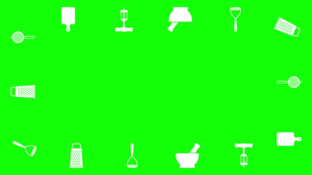 Seamless pattern of white kitchen utensils icons on a vibrant green background