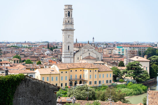 Panoramic Cityscape View of Verona Cathedral Bell Tower and Old Town Buildings in Italy. Houses top view