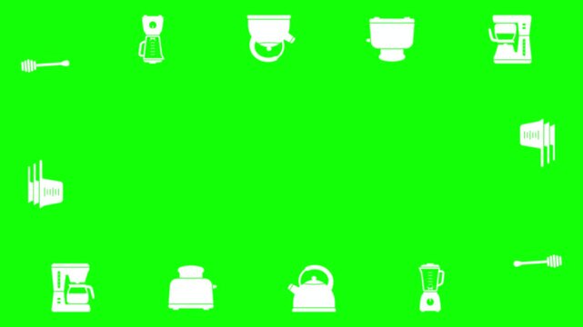 Seamless pattern with white kitchen appliances icons on a bright green background