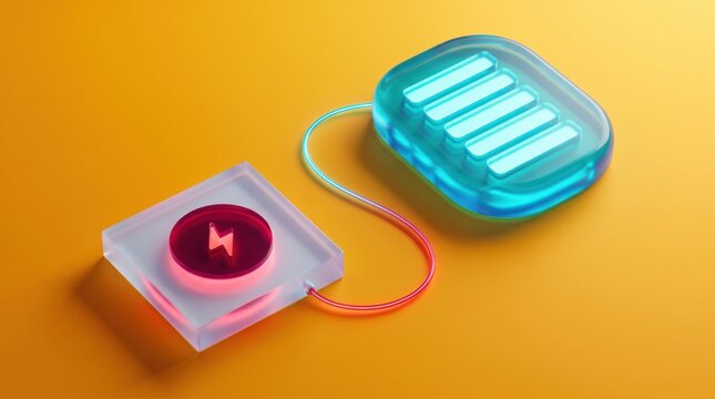 Glassy charging station icon with a glowing red lightning bolt symbol connected by a smooth neon cable to a translucent blue battery pack sitting on a vibrant bright yellow background.