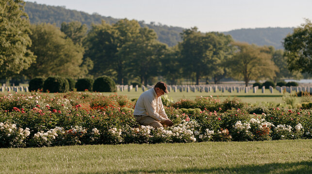 A gardener tending carefully maintained flower beds around a military cemetery, quiet dedication, wartime memorial maintenance, grief expressed through care, groundskeeper, fallen