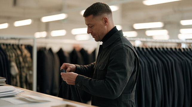An army wardrobe consultant organizes dress uniform storage at shift's end inside a sterile facility, a dusty surface catching the last overhead light, single professional framing