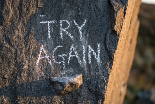 Try Again Chalk Message on Rock Face for Motivation and Resilience