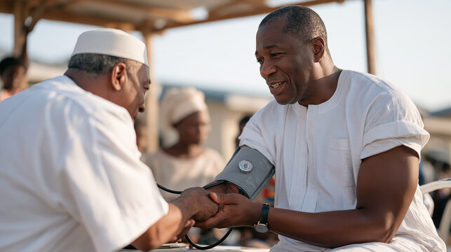 Nigerian senator receiving a health screening at mobile clinic during rural constituency visit, preventive medicine public health policy outreach community wellness government
