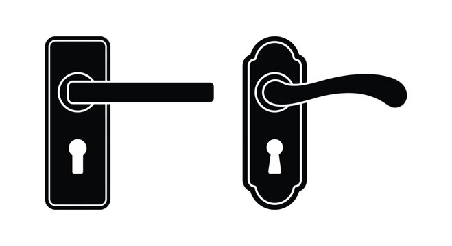 Black door handle and lock silhouette illustration with keyhole on a white background