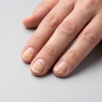 Nail Psoriasis with Pitting and Discoloration, Dermatology Close Up of Affected Fingernails
