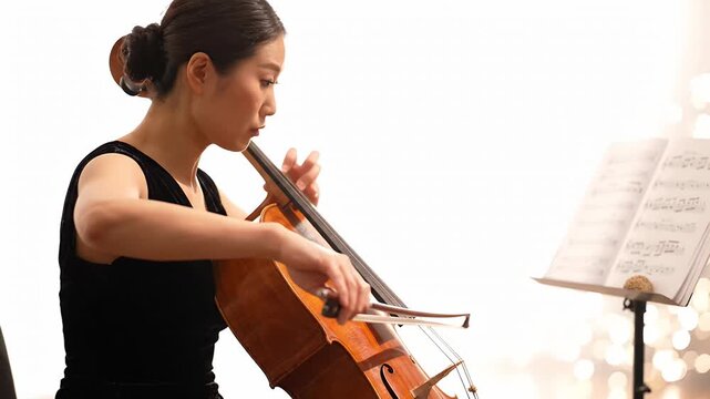 Asian female cellist playing instrument with sheet music