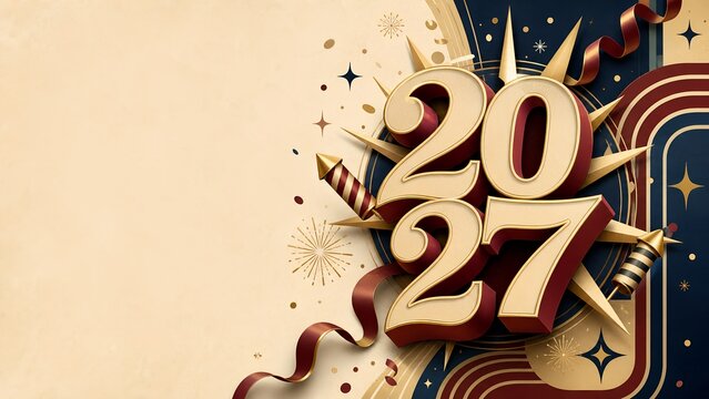 Vintage Style 2027 Happy New Year Celebration Card with Gold 3D Digits and Fireworks Rockets