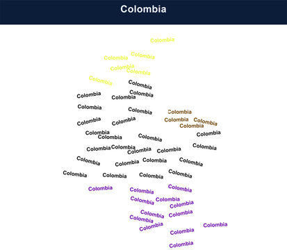 Colombia word cloud map graphic design with colorful typography and text labels