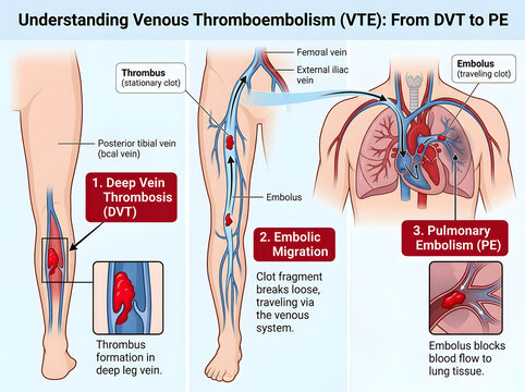 Medical visualization showing thrombus originating in a deep leg vein