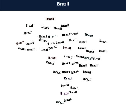 Map of brazil made of text word cloud design on a dark blue background