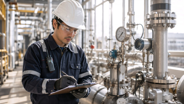 A focused industrial engineer wearing safety gear, including a white hard hat, gloves, and protective glasses, is inspecting and taking notes on a clipboard in an oil refinery plant. The setting