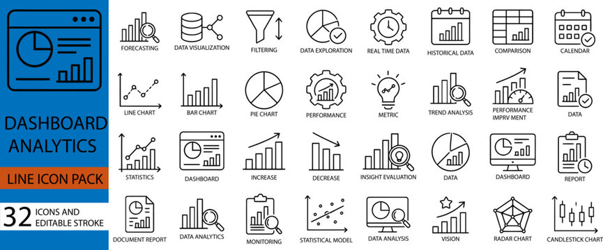 Dashboard analytics line icon set featuring business data visualization and financial forecasting symbols on transparent vector illustration background.