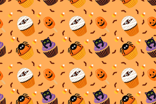 Halloween seamless pattern featuring mummy cupcakes black cats spooky spiders flying bats and sweet treats