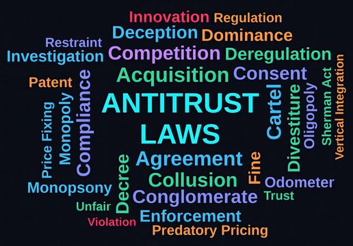 Antitrust Laws Word Cloud on a Dark Background