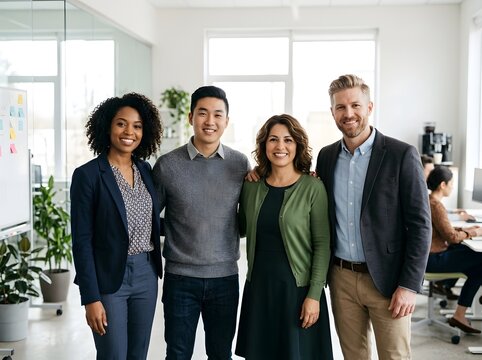 Diverse Professional Team Posing Together in Bright Modern Office Space with Natural Light and Collaborative Vibe