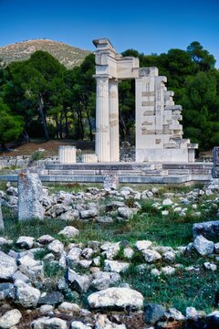 Reconstructed marble columns of the Tholos at the Sanctuary of Asklepios in Epidaurus Greece