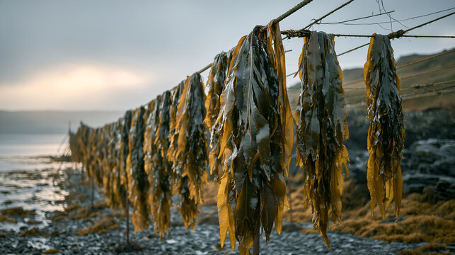 Long kelp fronds drying on a rope frame on a shingle shore