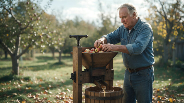 Processing the apple harvest, an elderly Irish-American man presses juice from apples using a traditional wooden press harvesting and the preparation of traditional beverages and ciders