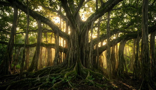 sunrise in the woods Ancient Banyan Tree Massive Aerial Roots Trunk Forest India Dramatic Wide Shot