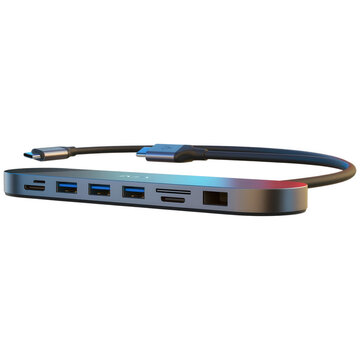 Modern multi port usb c hub adapter with cable on transparent background