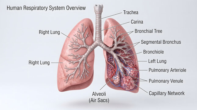 This image shows the anatomy of the human respiratory system, consisting of the trachea, carina, bronchial tree (segmental bronchus, bronchioles), and the two lungs (right and left).