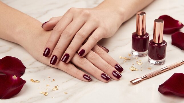 Woman hands with burgundy nail polish resting on a white marble surface with rose petals with marble tabletop decorated manicured nails placed