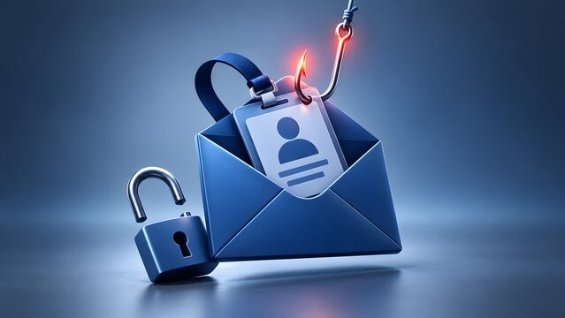 Email phishing scam concept with fishhook catching an identity badge from a blue envelope representing cyber theft.