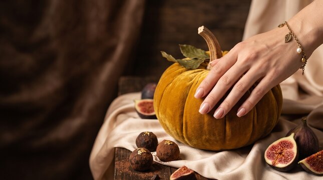 A woman hand rests on a decorative velvet pumpkin surrounded by fresh figs with bracelet gently touches figs chocolate truffles cloth alongside sliced