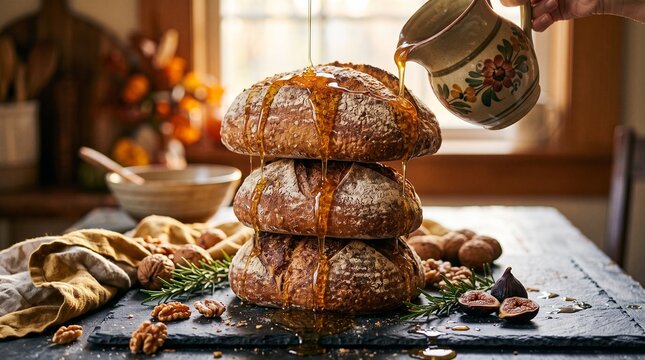 Golden honey being poured from a small pitcher over a stack of rustic sourdough bread with decorative ceramic pitcher loaves crusty sourdough