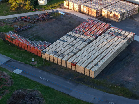 Melbourne, VIC, Australia - 07 September 2026: Aerial view of the tile manufacturing factory in Mitcham, with organized rows of stacked tiles in the yard and paved access roads.