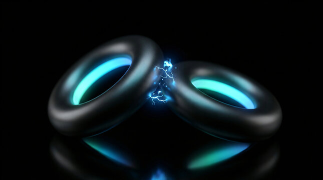 Futuristic toroidal objects with electrical sparks | Abstract blue energy discharge between metal rings | Sci-fi concept of power connection | 3D render of glowing torus shapes with lightning