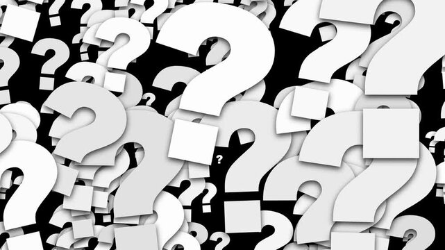 Three Dimensional White Question Marks Pattern on Black Background Representing Confusion and Curiosity