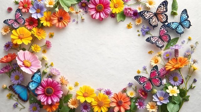 Colorful spring flowers and butterflies arranged in a frame with central copy space