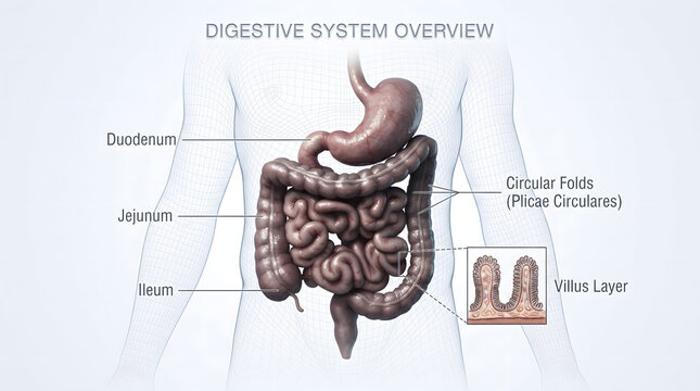 This image shows an overview of the digestive system in the abdominal cavity, revealing the connections between the duodenum, jejunum, and distal small intestine.