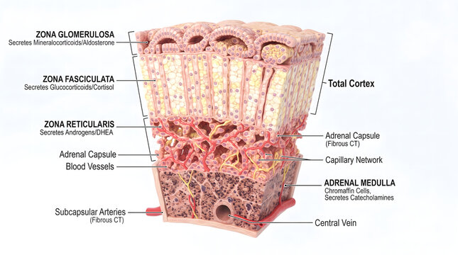 This image shows a detailed cross-sectional model of the adrenal gland, revealing each layer.