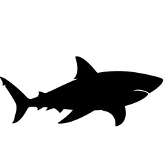 Fototapeta premium Black Silhouette of a Great White Shark Swimming in the Ocean, Minimalist Marine Life Vector Illustration