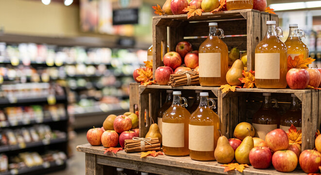 Autumn apple cider bottles display with blank labels pears in rustic crates at supermarket
