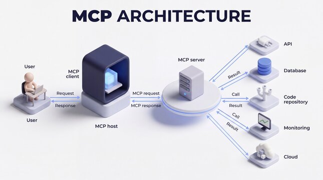 3D clay diagram of model context protocol architecture linking a user and client host to a server that calls an API, database, code repository, monitoring and cloud