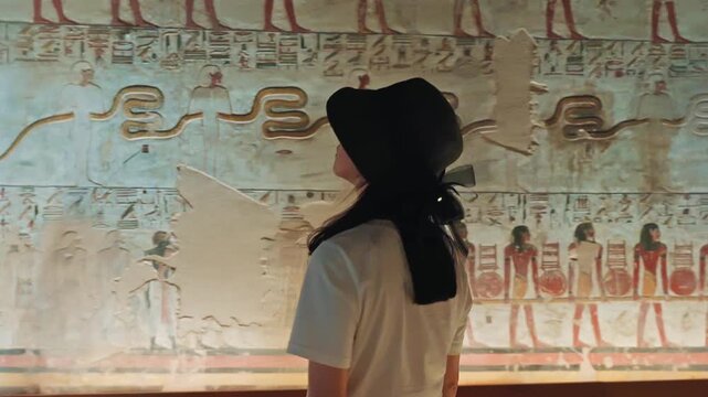 A beautiful tourist wanders inside the tomb of King Seti I, looking for the inscriptions and drawings carved on the walls of the tomb.